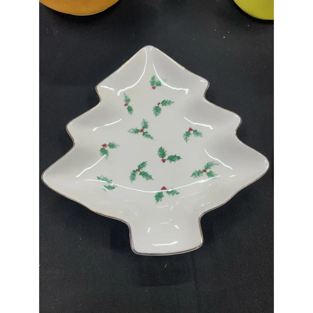 Vintage Christmas Tree Shaped‎ Candy Dish Gold Trim